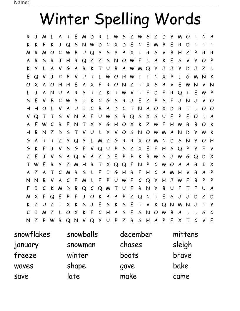 Winter Spelling Words Word Search