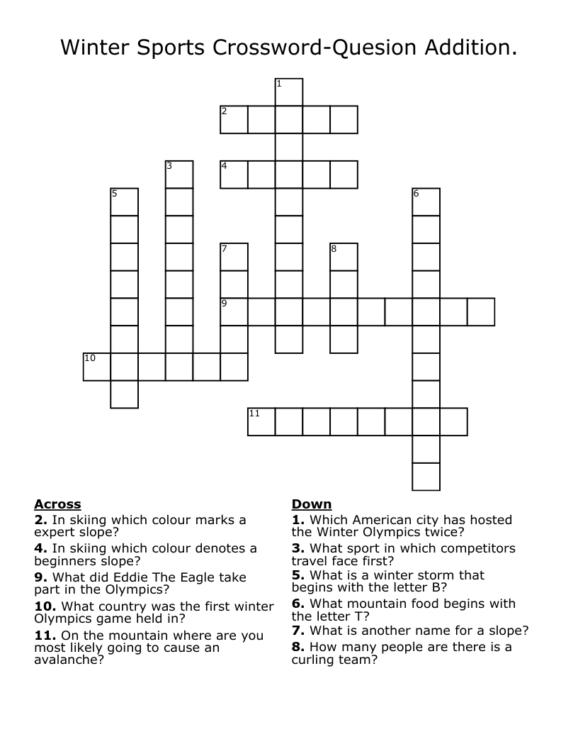 Winter Sports Crossword-Quesion Addition.