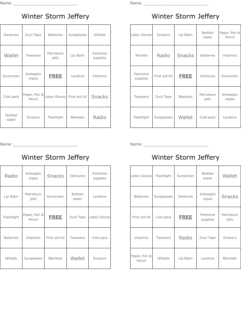 Winter Storm Jeffery Bingo Cards