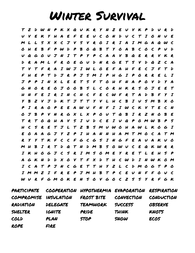 Winter Survival Word Search