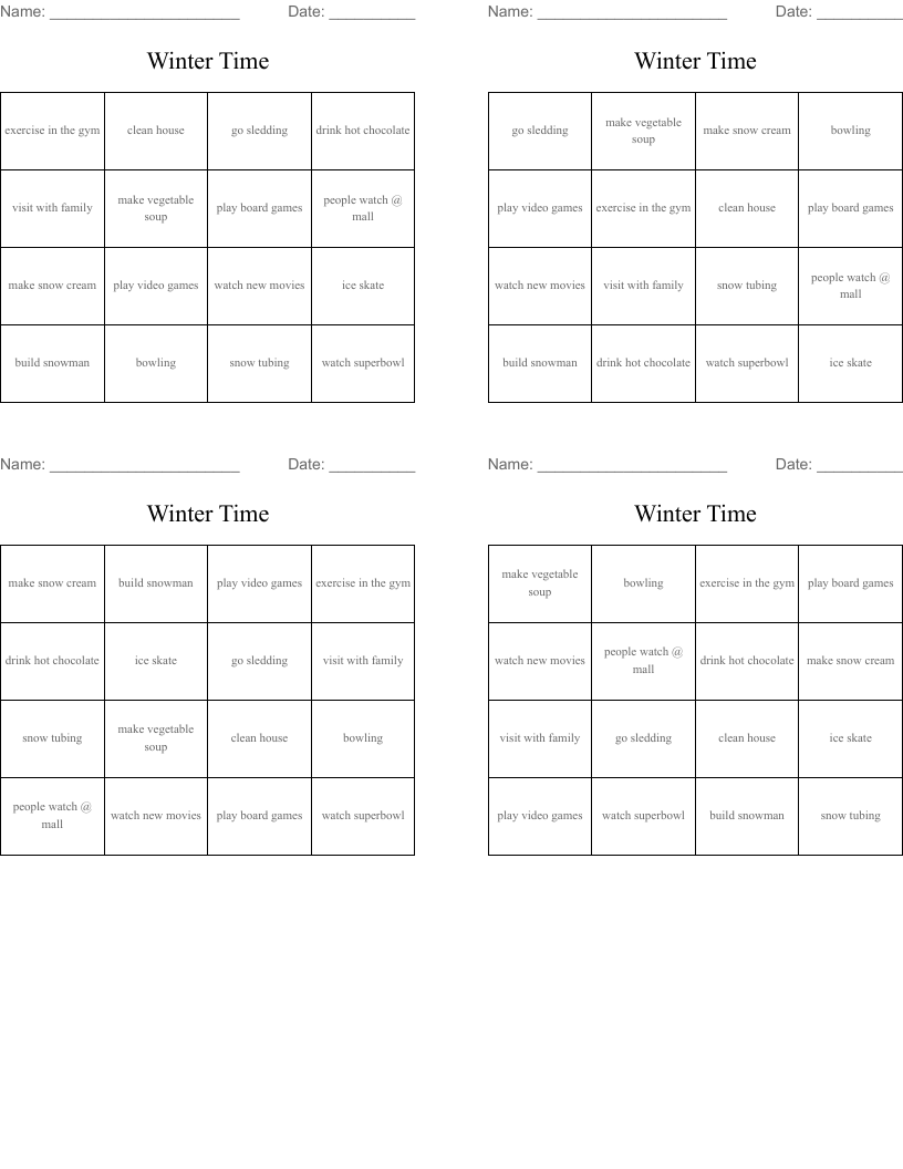 Winter Time Bingo Cards