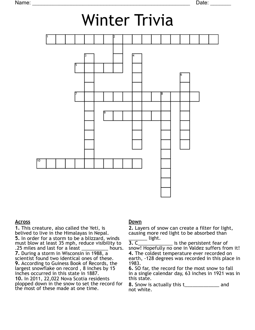 Winter Trivia Crossword