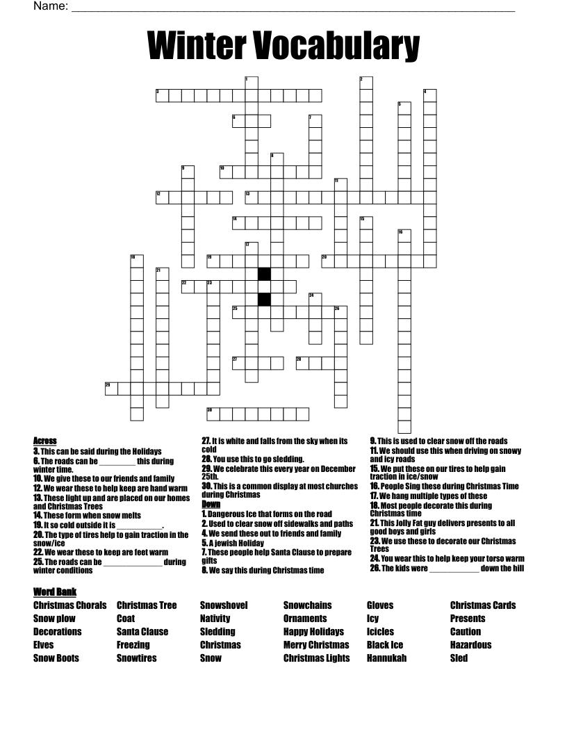 Winter Vocabulary  Crossword