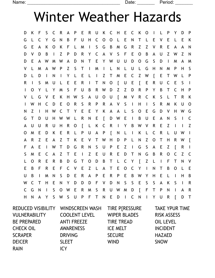 Winter Weather Hazards Word Search