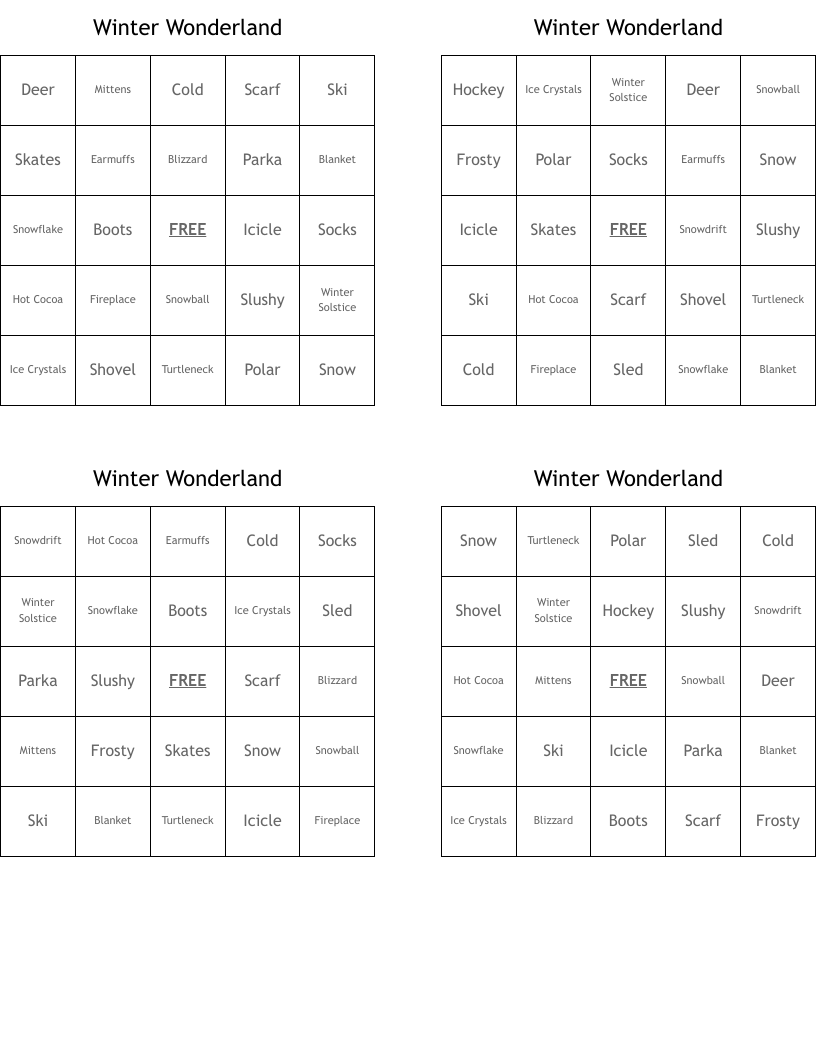 Winter Wonderland Bingo Cards
