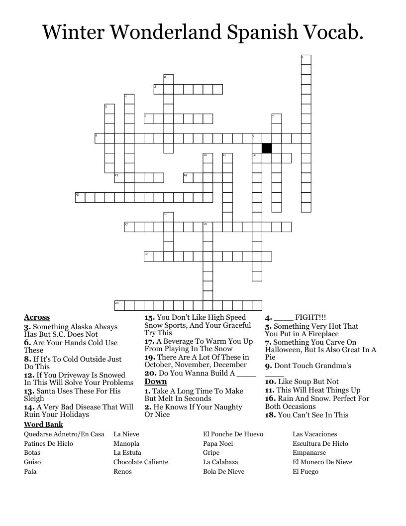 Winter Wonderland Spanish Vocab. Crossword