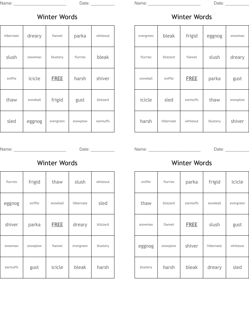 Winter Words Bingo Cards