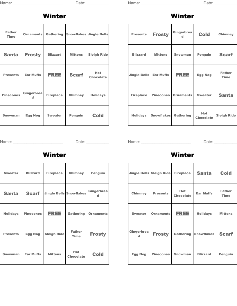 Winter  Bingo Cards