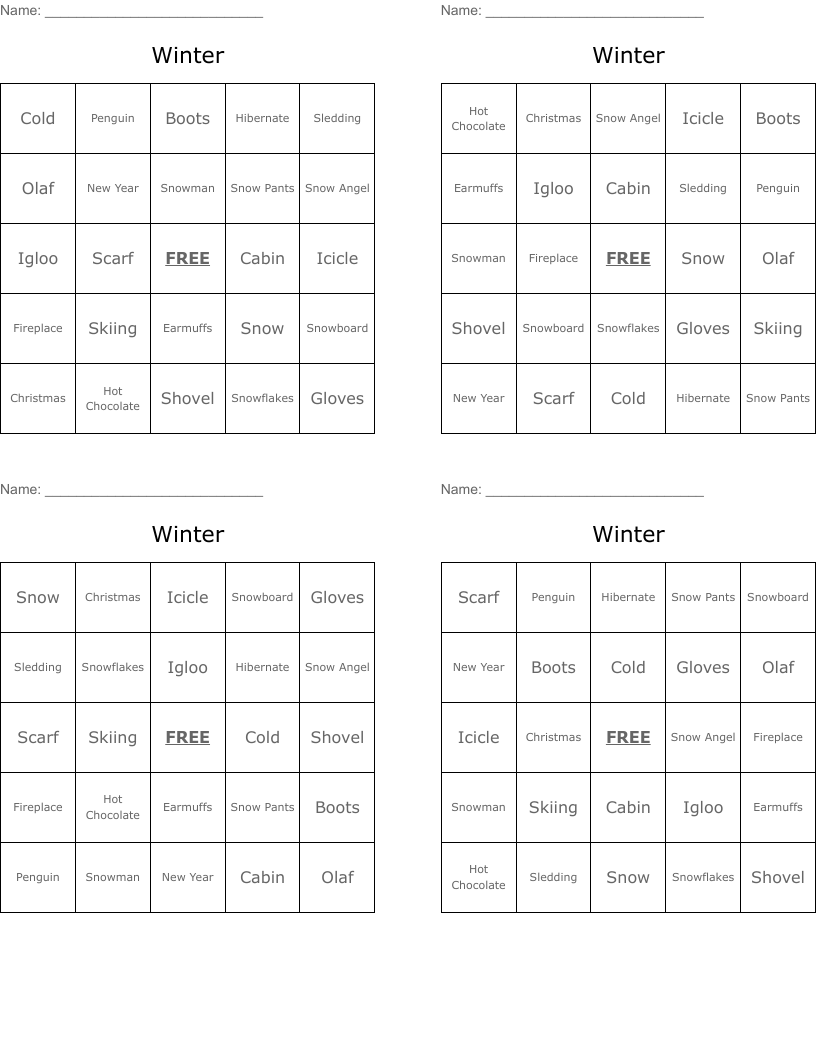 Winter  Bingo Cards