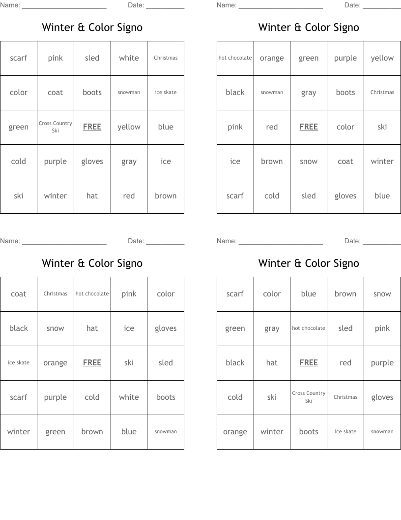 Winter & Color Signo Bingo Cards