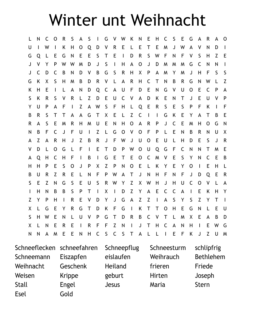 Winter unt Weihnacht Word Search