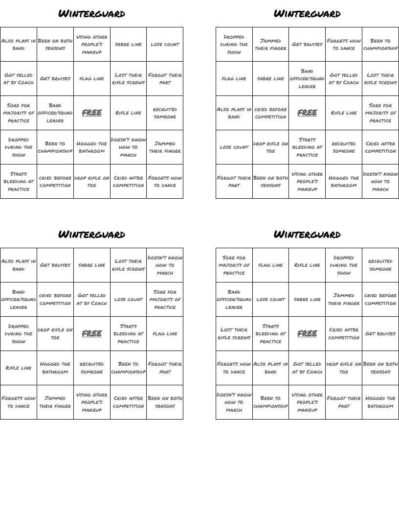 Winterguard Bingo Cards
