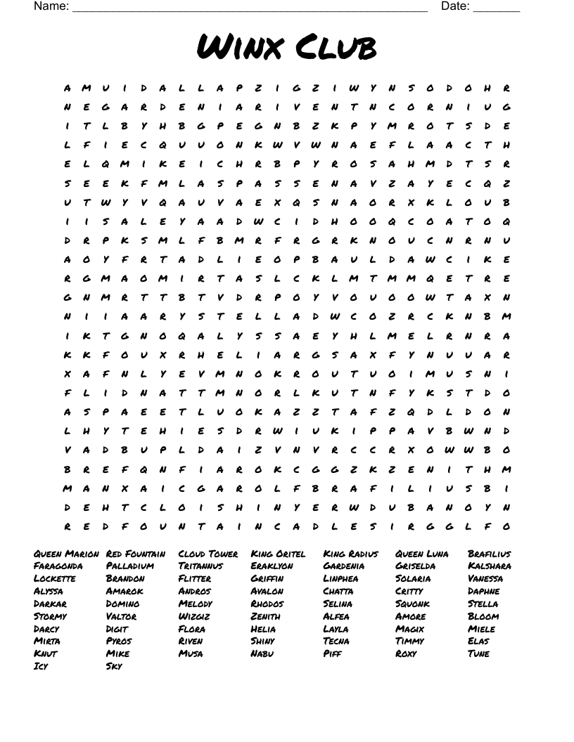 Winx Club Word Search