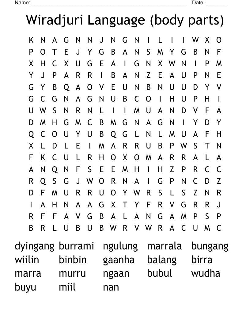 Wiradjuri Language (body parts) Word Search