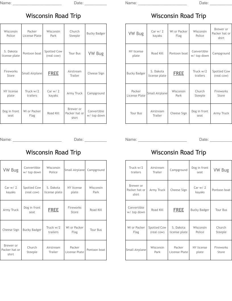 Wisconsin Road Trip Bingo Cards