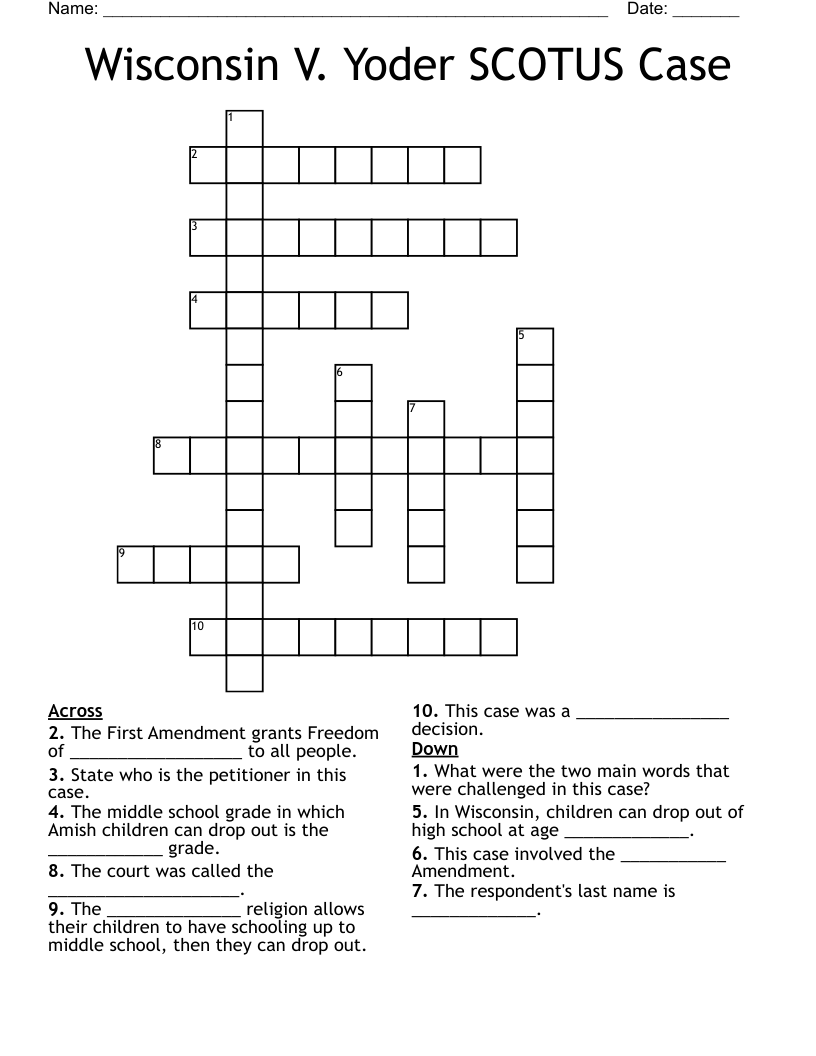 Wisconsin V. Yoder SCOTUS Case Crossword