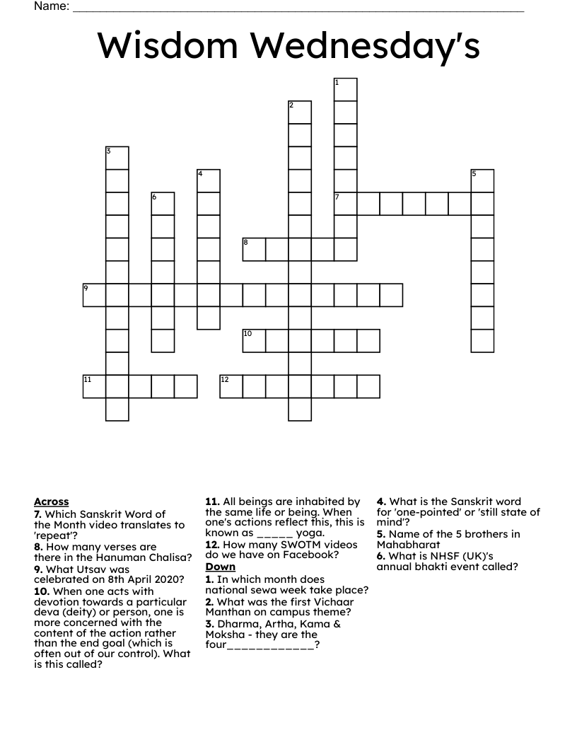 Wisdom Wednesday's Crossword