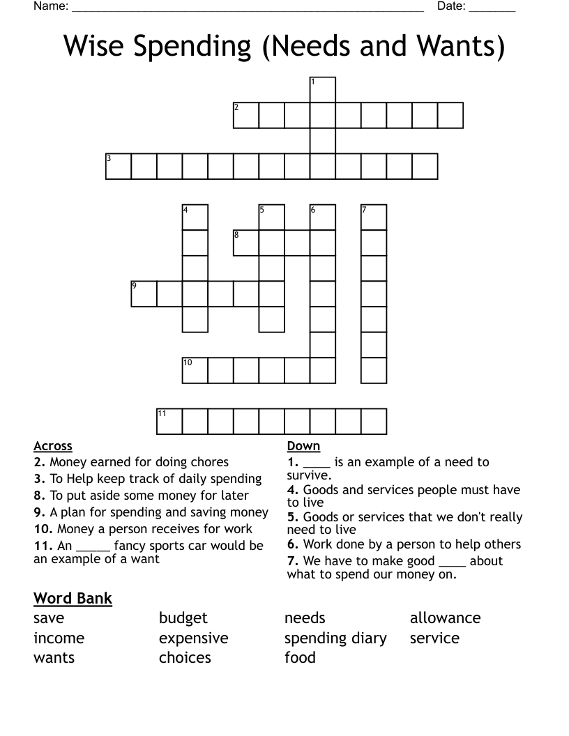 Wise Spending (Needs and Wants)  Crossword