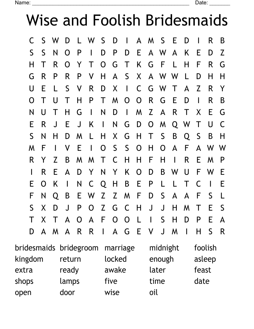 Wise and Foolish Bridesmaids Word Search