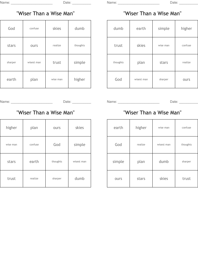 "Wiser Than a Wise Man" Bingo Cards