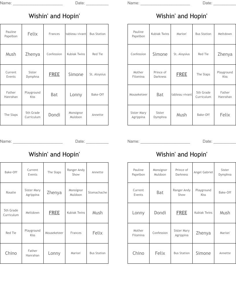 Wishin' and Hopin' Bingo Cards