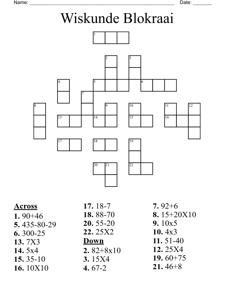 Wiskunde Blokraai Crossword