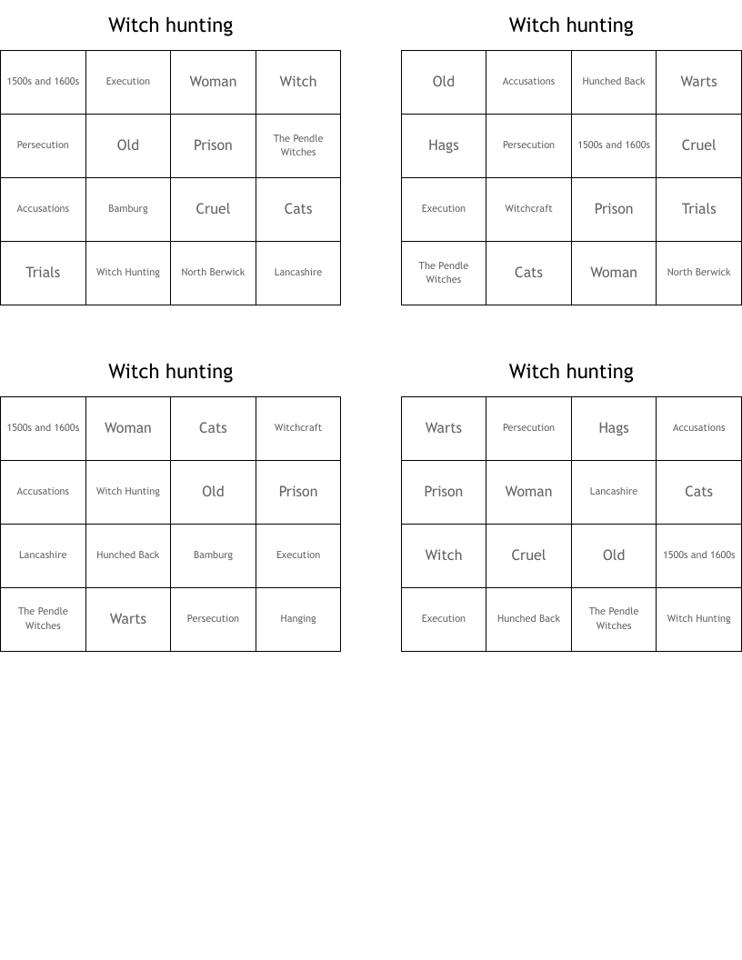 Witch hunting Bingo Cards
