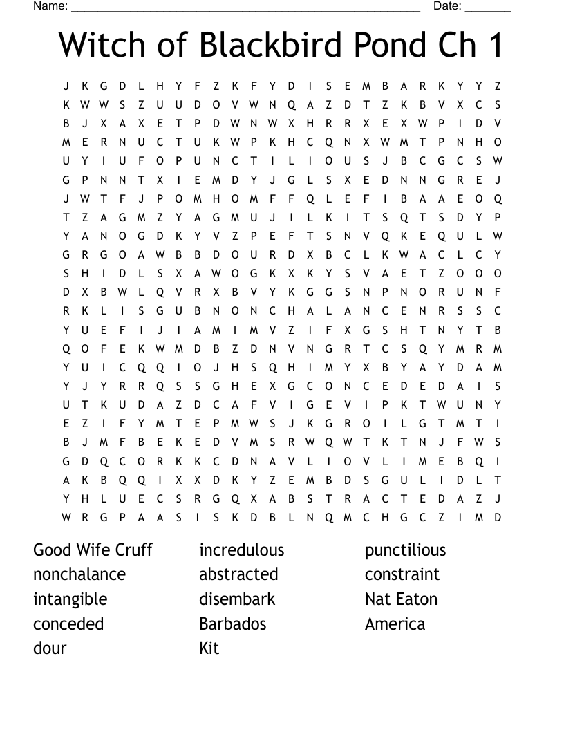 Witch of Blackbird Pond Ch 1 Word Search