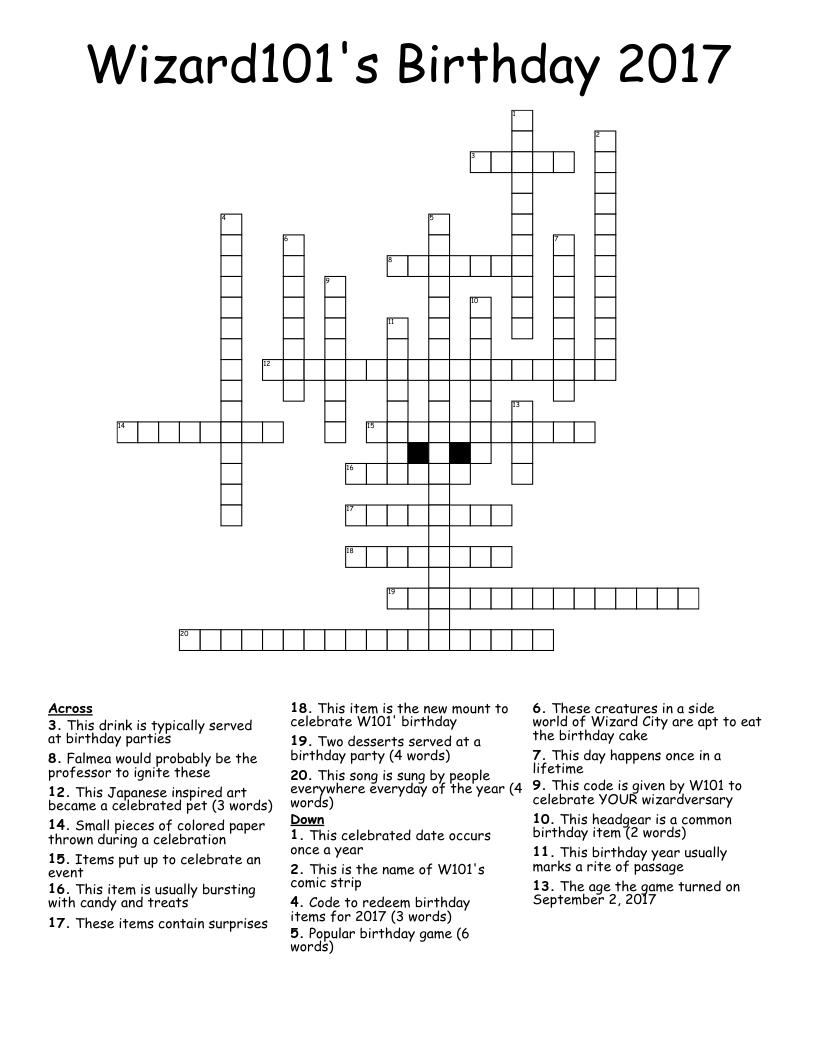 Wizard101's Birthday 2017 Crossword