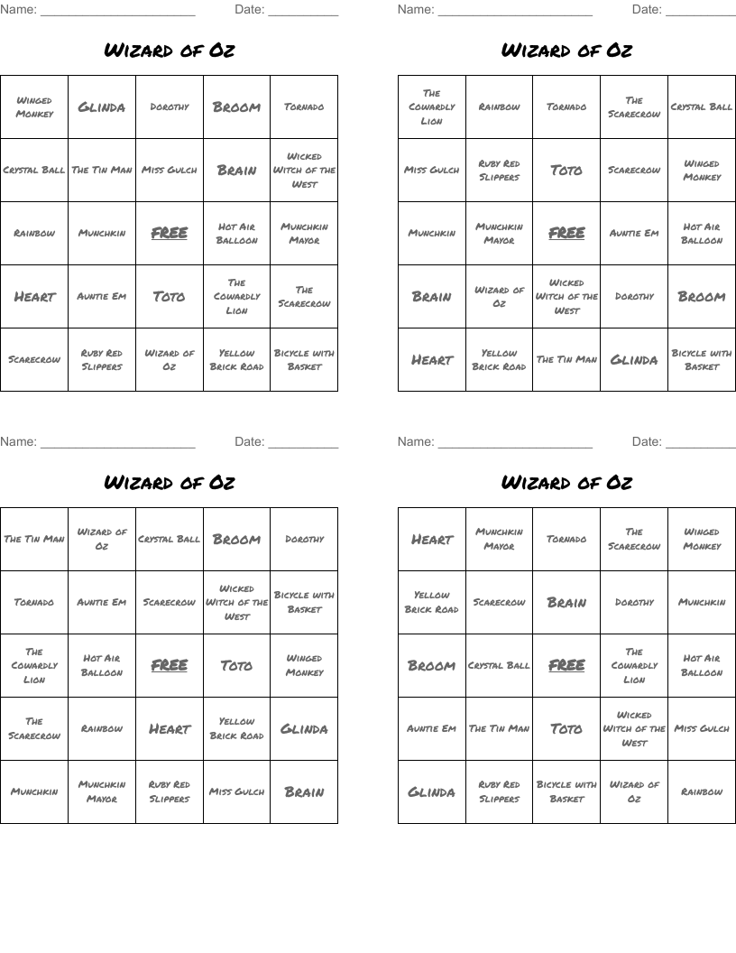 Wizard of Oz Bingo Cards