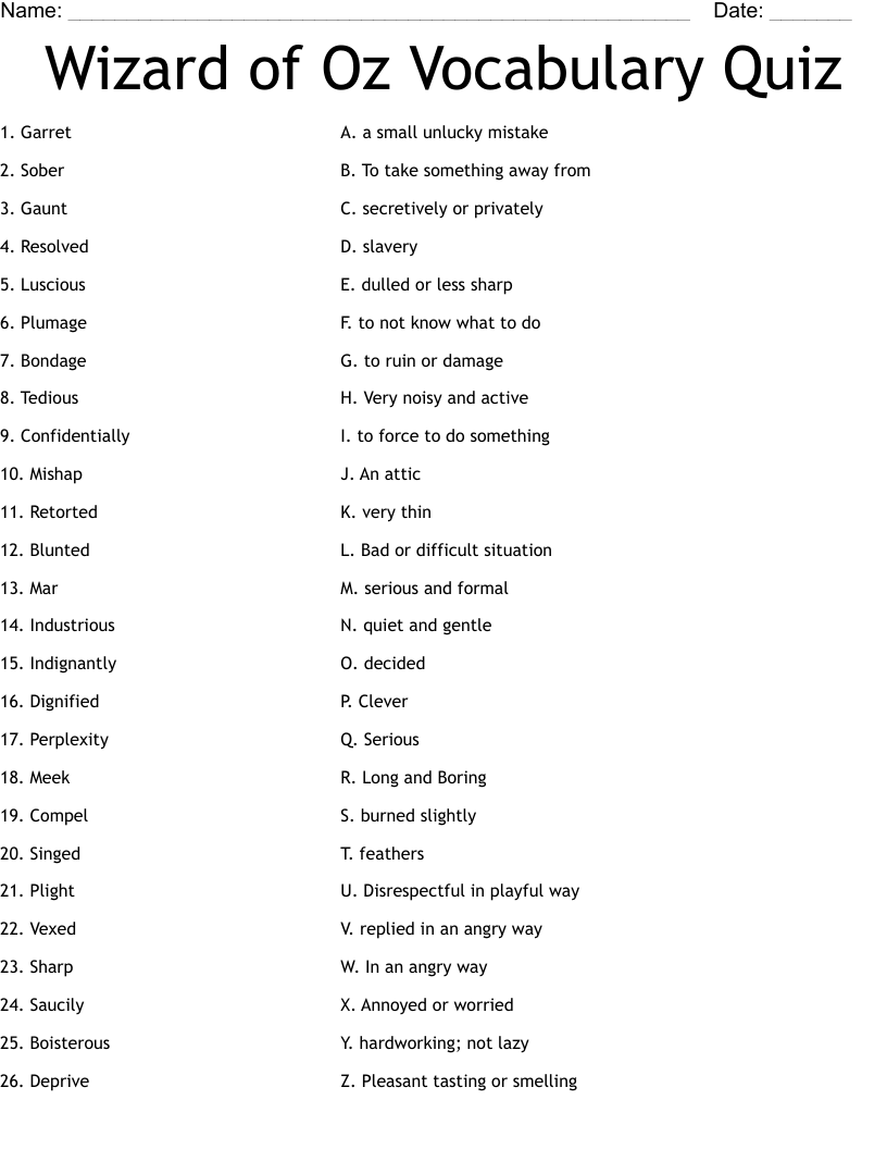 Wizard of Oz Vocabulary Quiz Worksheet
