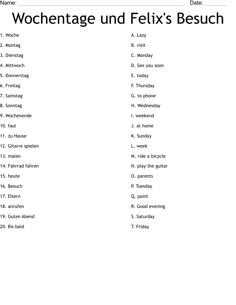 Wochentage und Felix's Besuch Worksheet