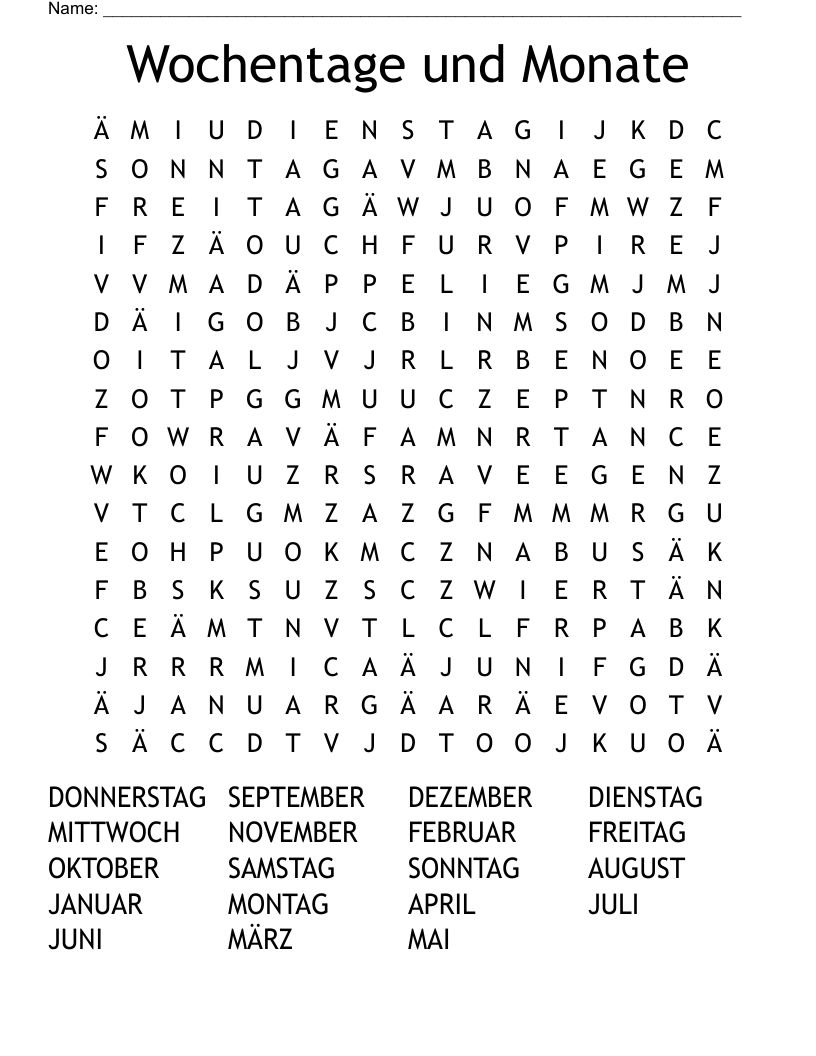 Wochentage und Monate Word Search