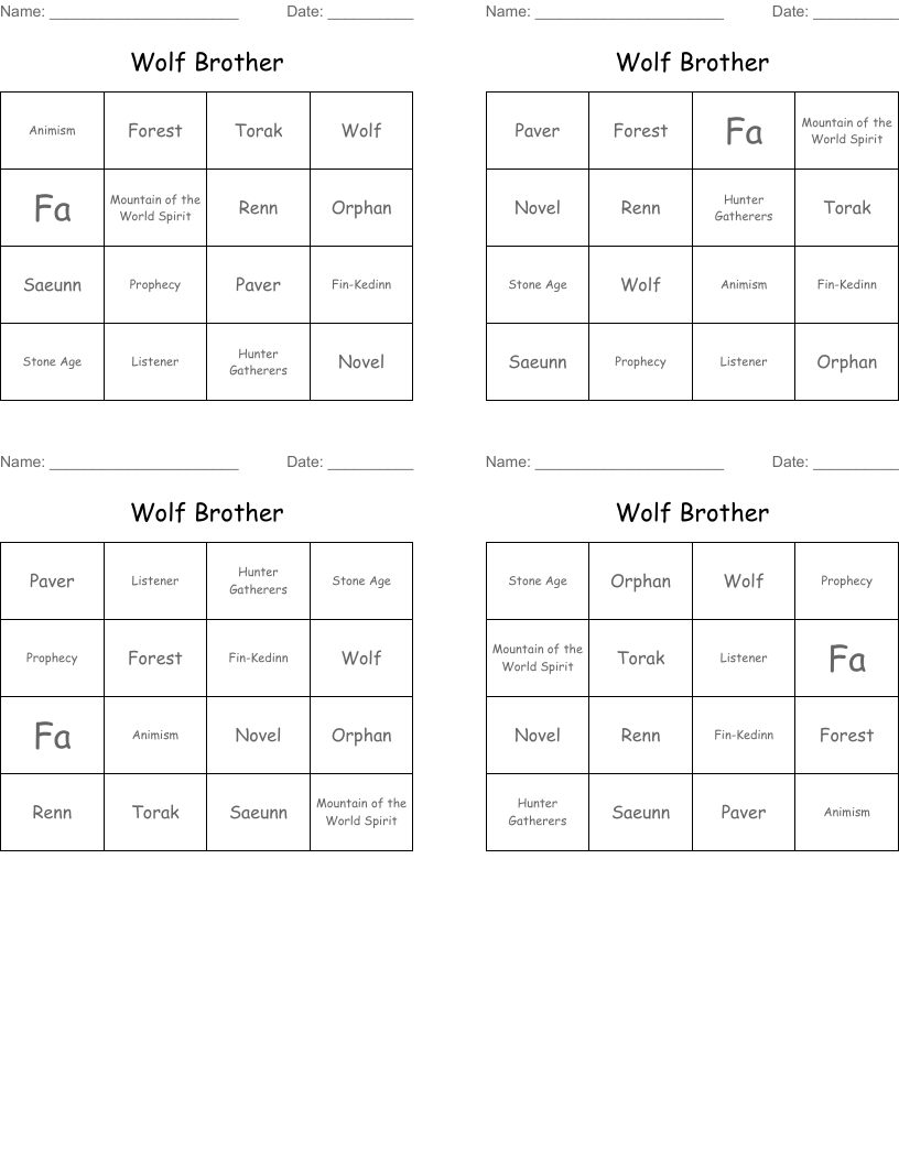 Wolf Brother Bingo Cards