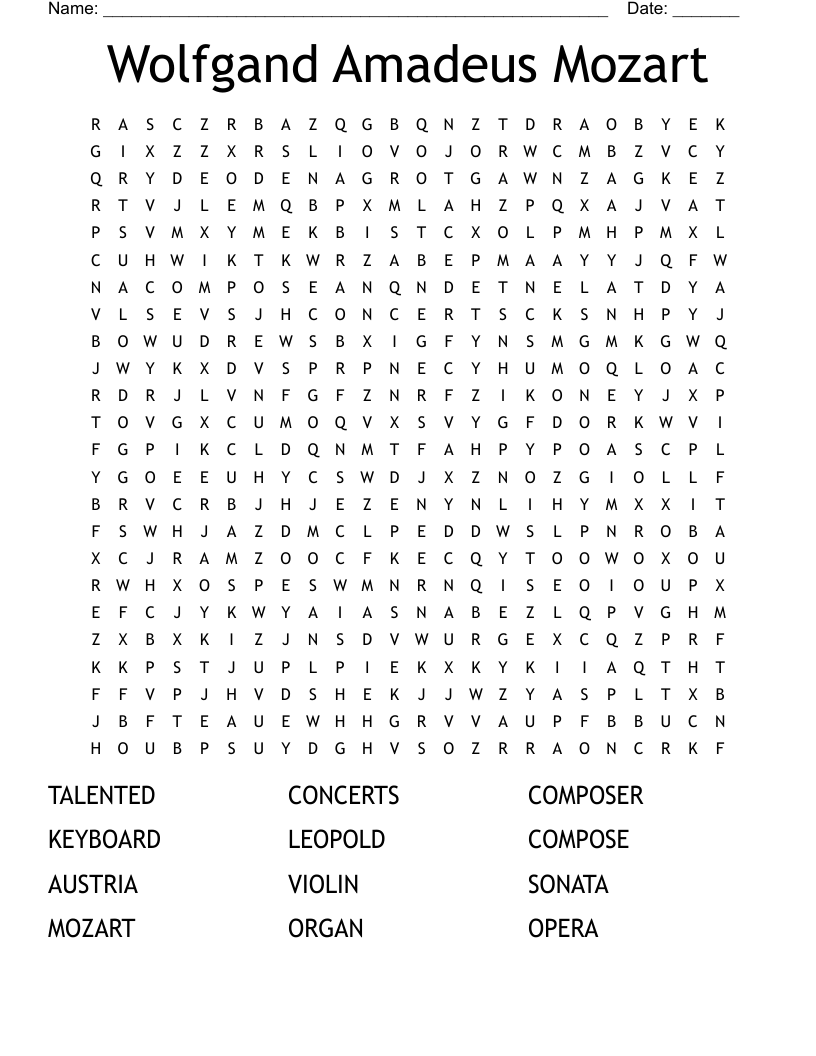 Wolfgand Amadeus Mozart Word Search