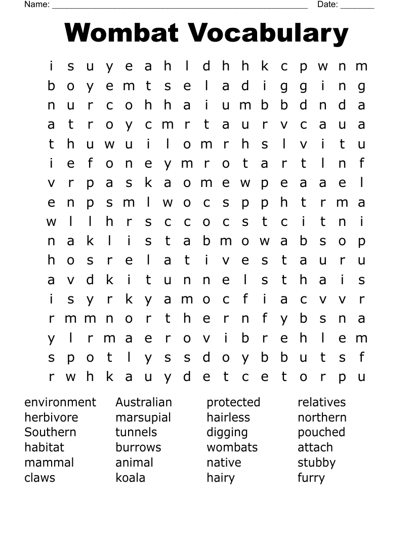 Wombat Vocabulary Word Search