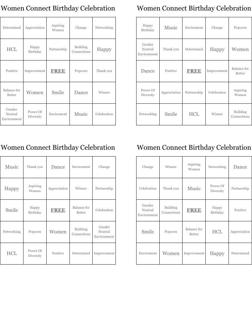 Women Connect Birthday Celebration Bingo Cards