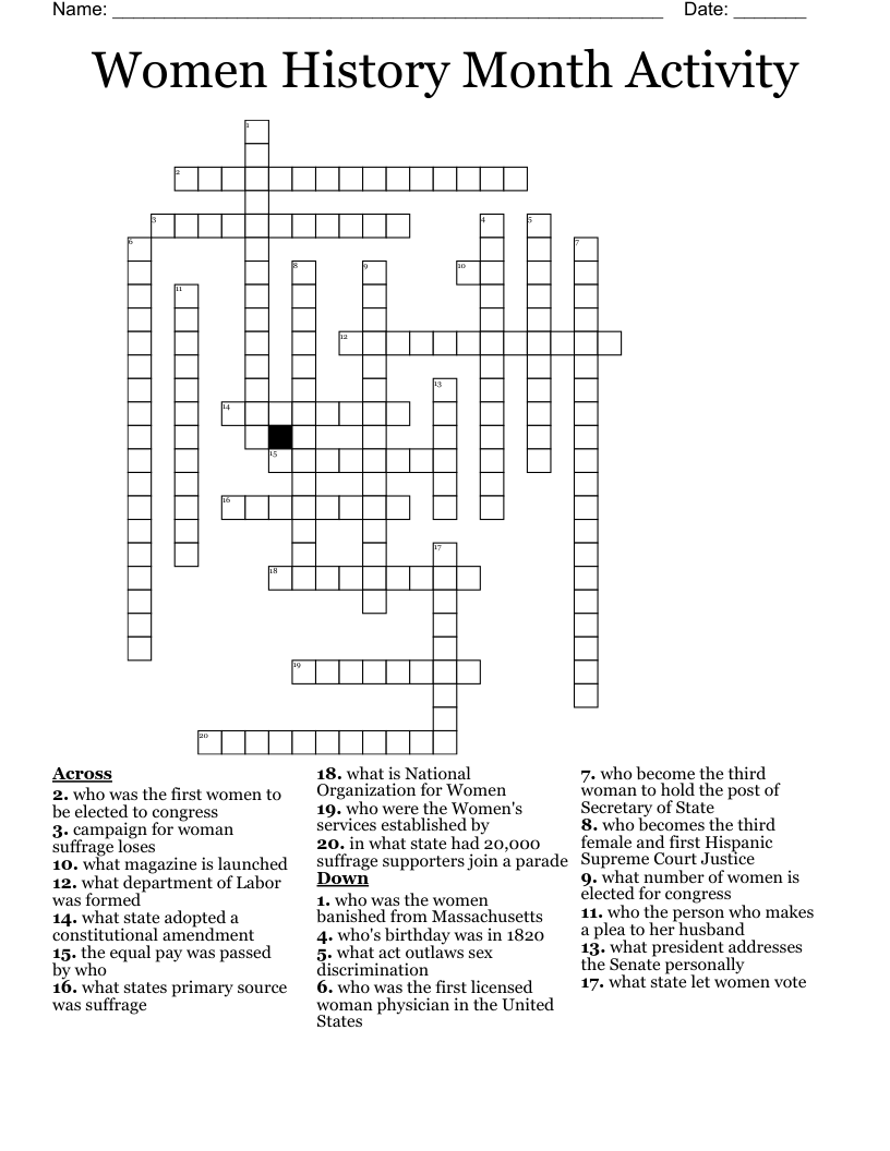 Women History Month Activity Crossword