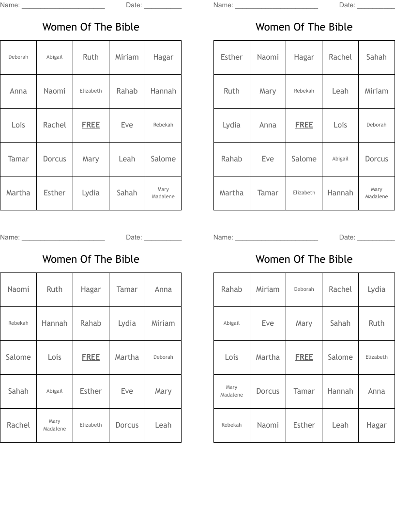 Women Of The Bible Bingo Cards