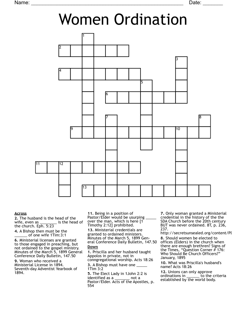 Women Ordination Crossword