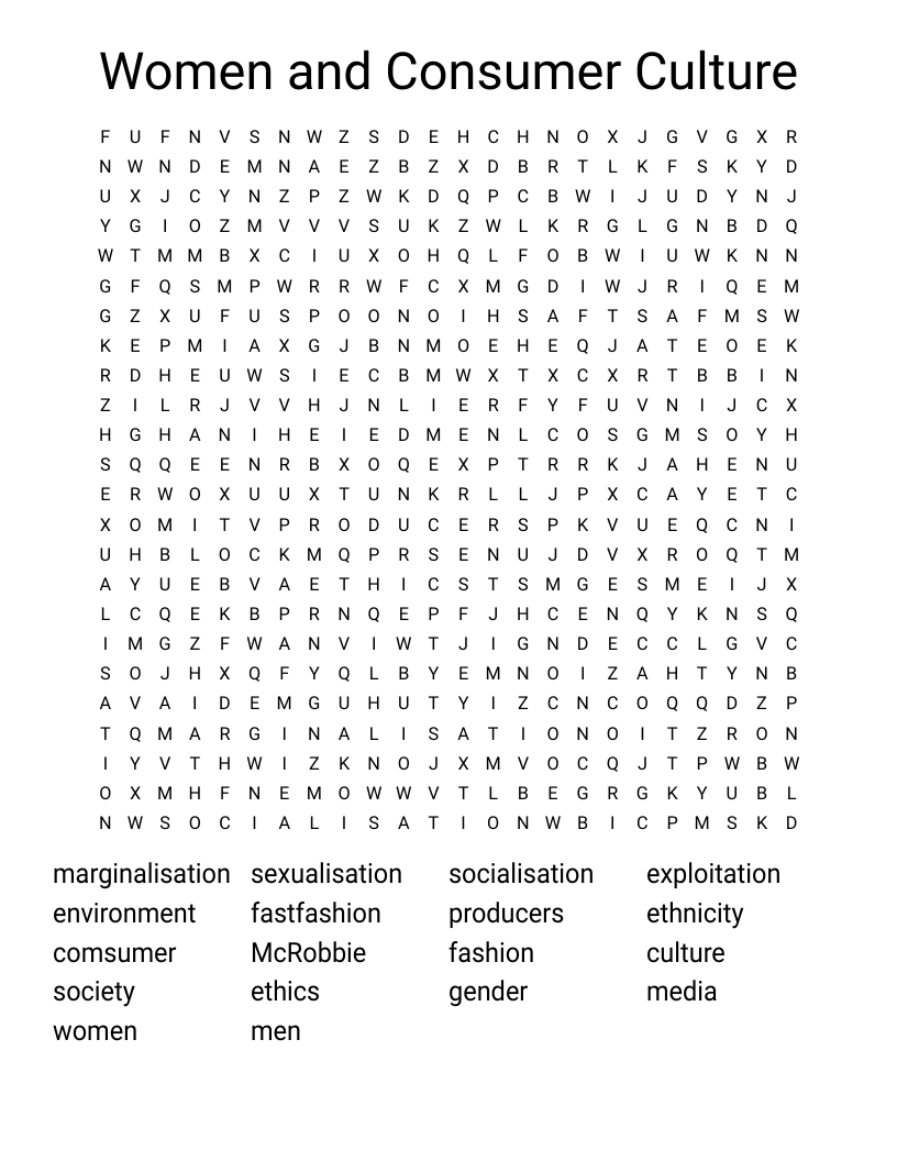 Women and Consumer Culture  Word Search
