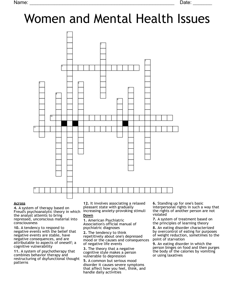 Women and Mental Health Issues Crossword