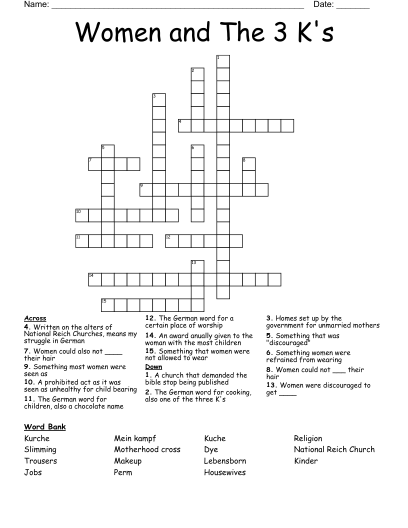Women and The 3 K's Crossword
