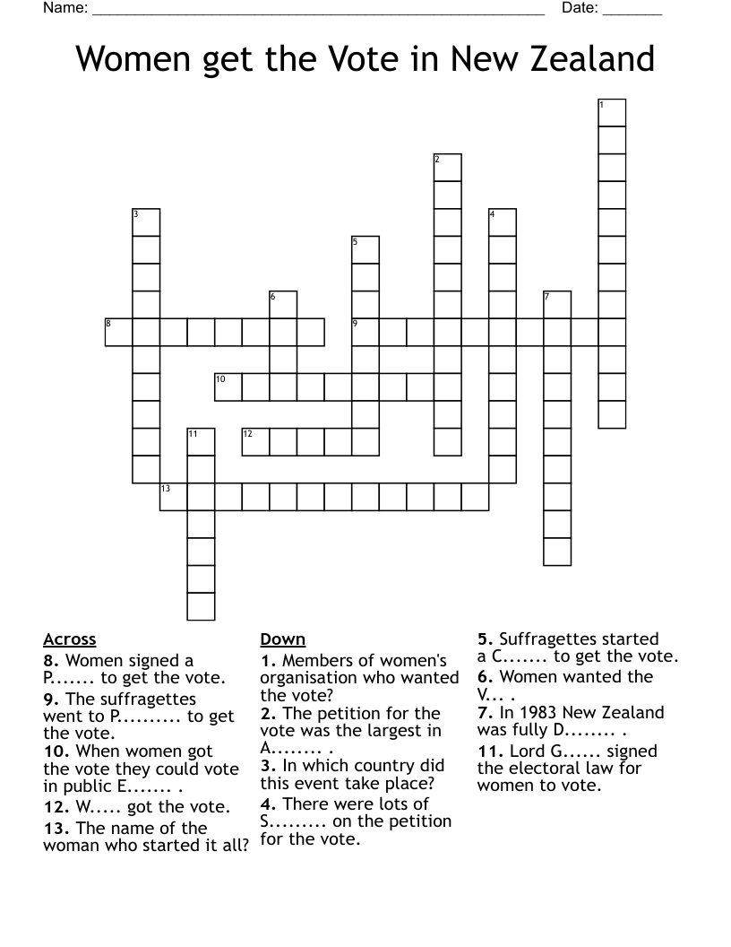 Women get the Vote in New Zealand Crossword