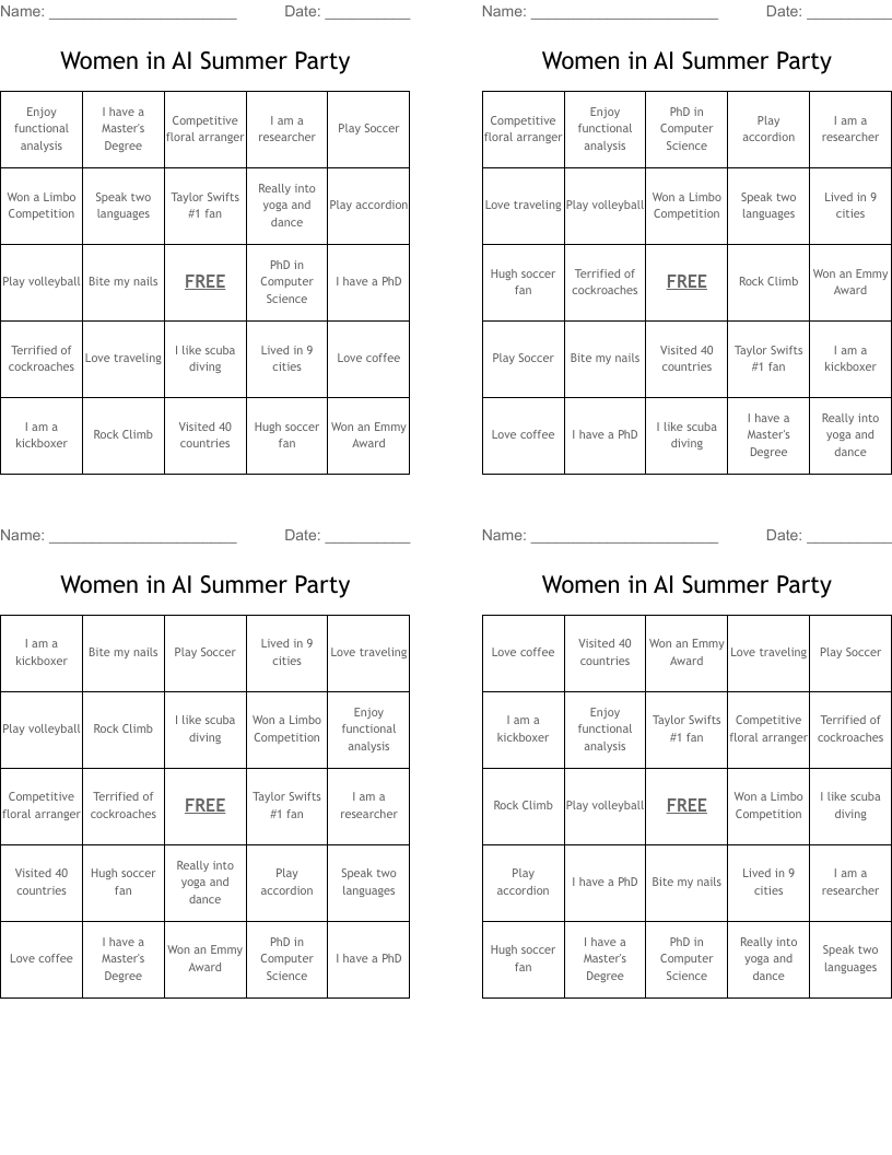 Women in AI Summer Party Bingo Cards