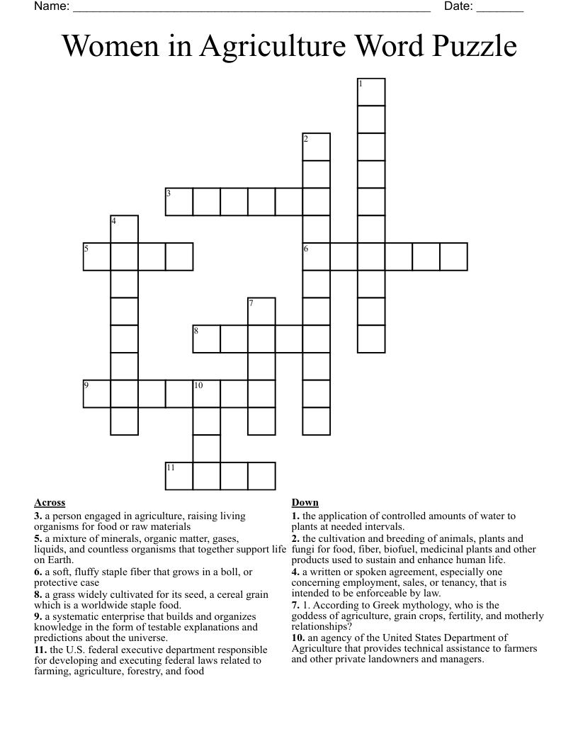 Women in Agriculture Word Puzzle Crossword