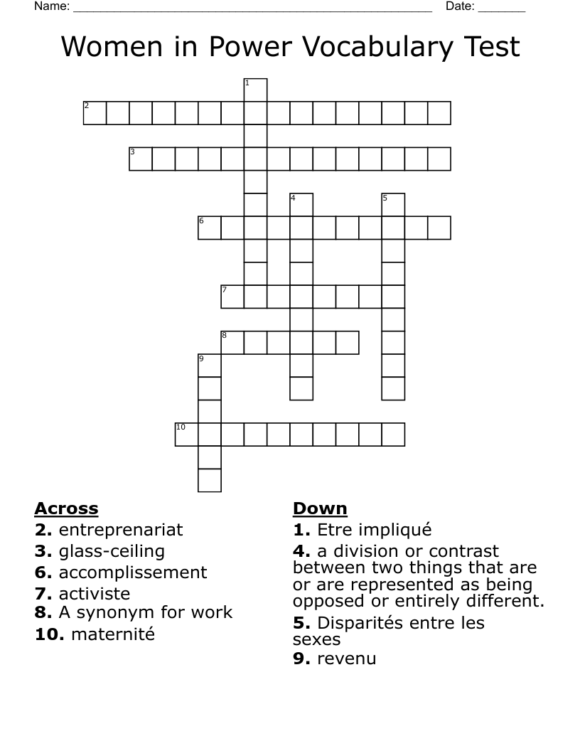 Women in Power Vocabulary Test Crossword