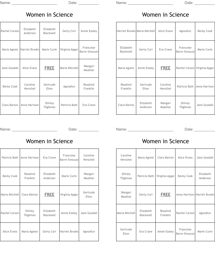 Women in Science Bingo Cards