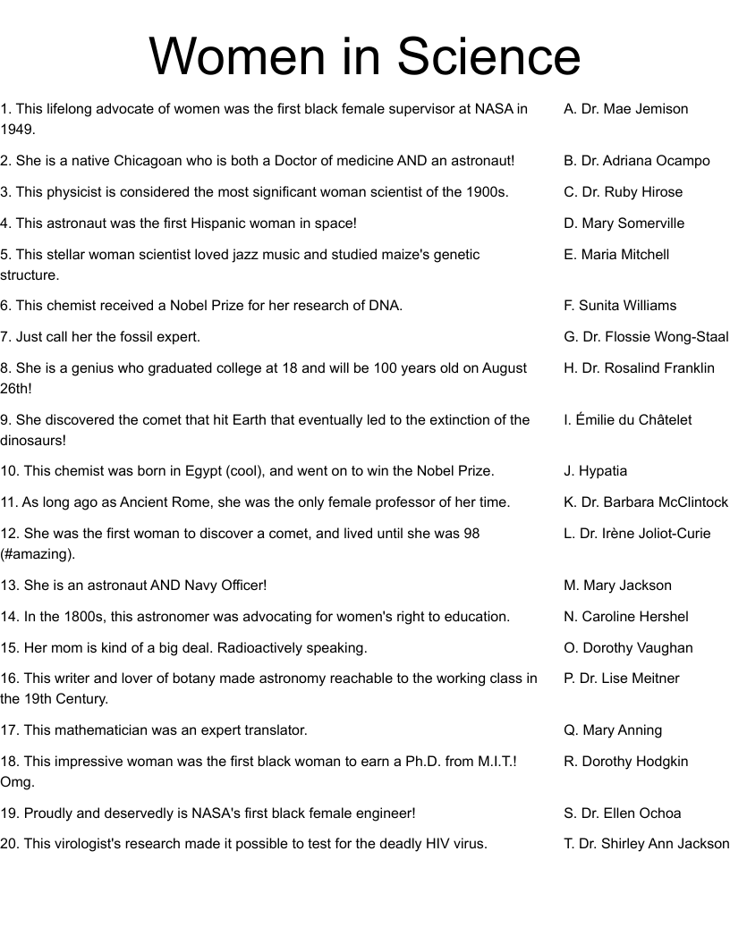 Women in Science Worksheet