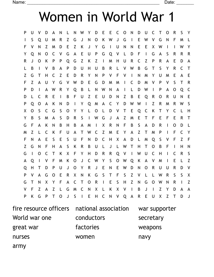 Women in World War 1 Word Search